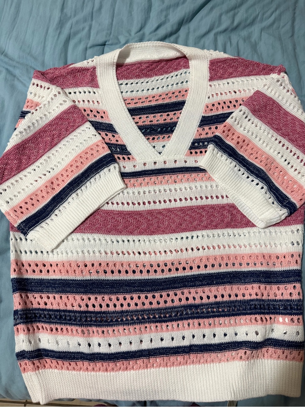 Striped V-Neck Sweater in Pink, White & Navy